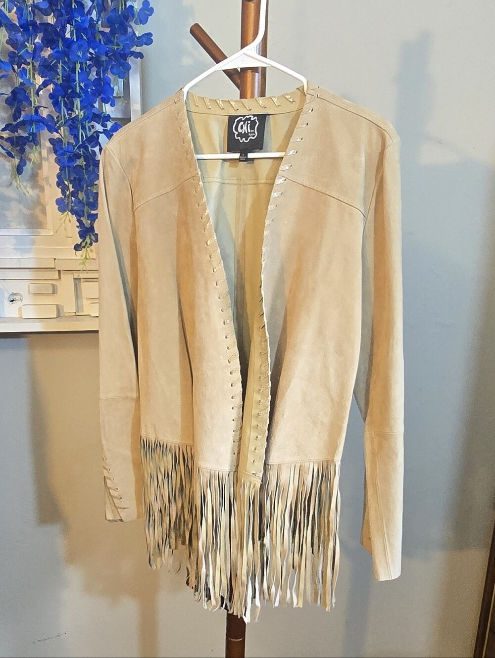 CNI By Falchi Y2K Beige Suede Fringe Open Front Jacket Sz L-XL
